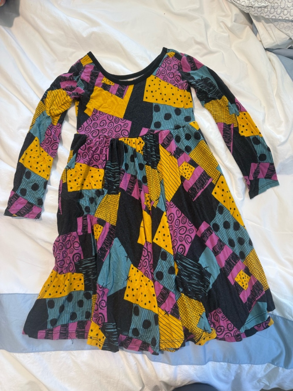 Little Sleepies Multicolor Patchwork Long Sleeve Dress in Yellow, Teal & Purple